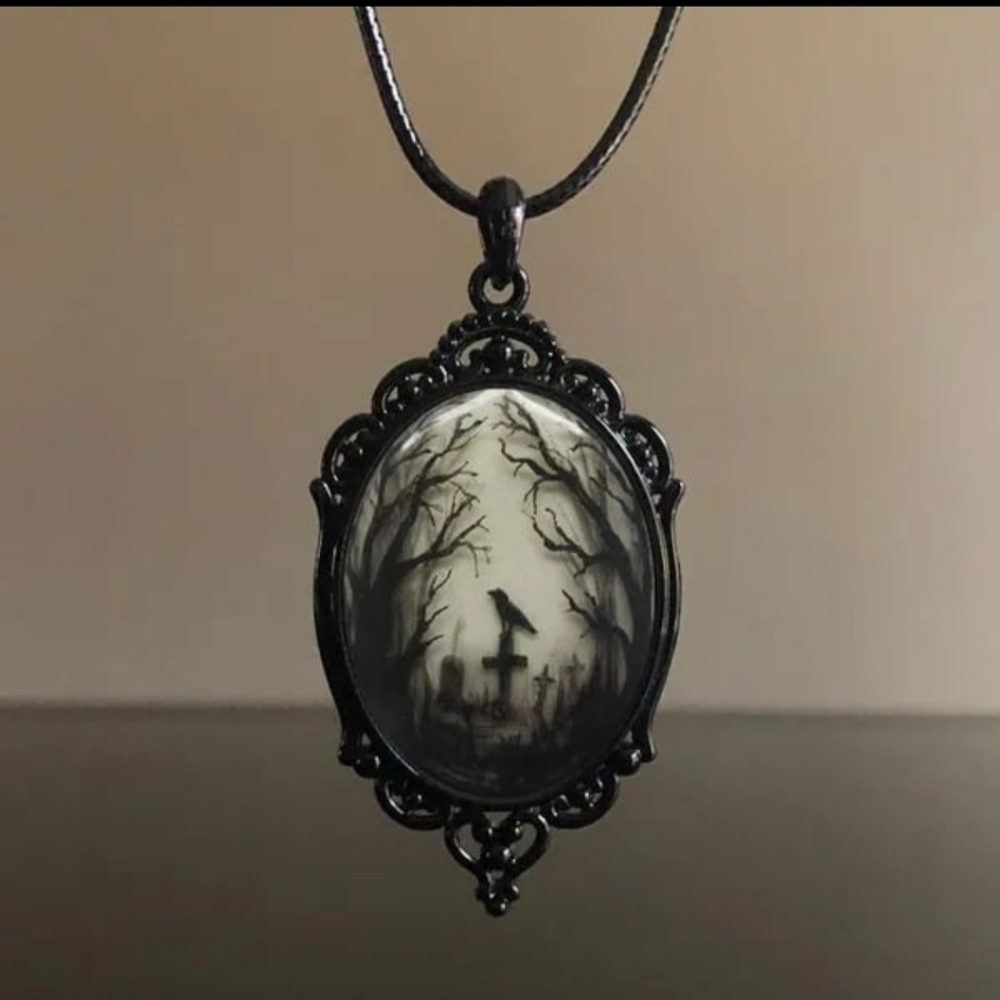 Gothic Black Crow Forest Charm Necklace - Fashion Witch Jewelry - Gift NWT
